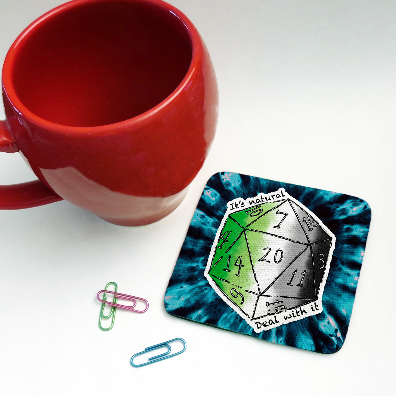 Aromantic LGBTQ+ Nat 20 D20 Dice Square Coaster