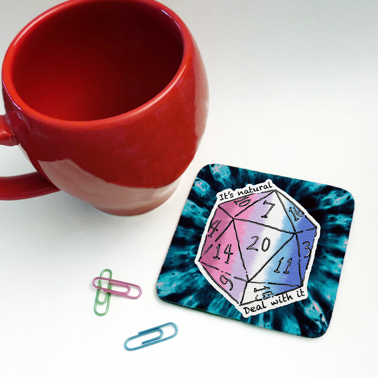 Bigender LGBTQ+ Nat 20 D20 Dice Square Coaster
