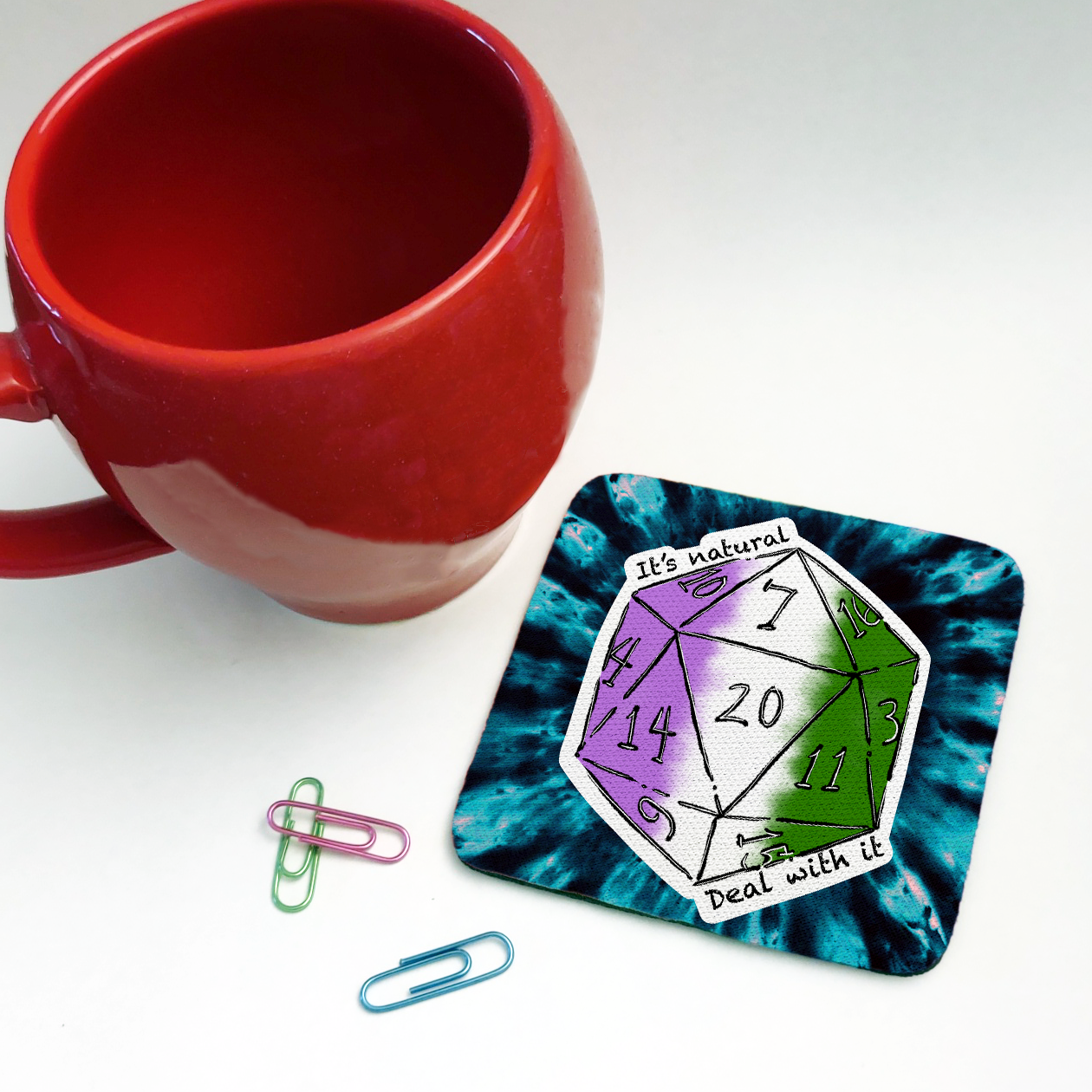 Genderqueer LGBTQ+ Nat 20 D20 Dice Square Coaster