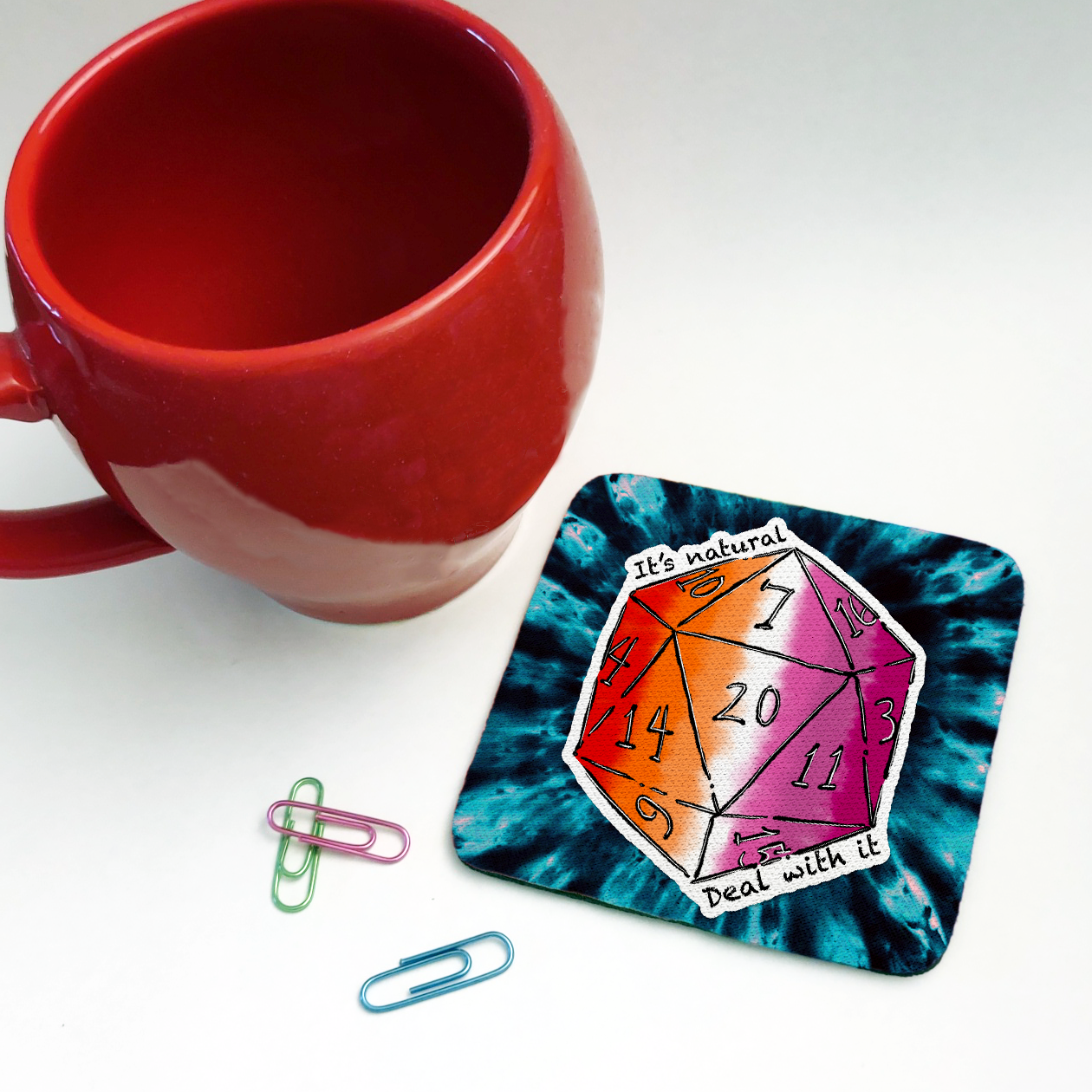 Lesbian LGBTQ+ Nat 20 D20 Dice Square Coaster
