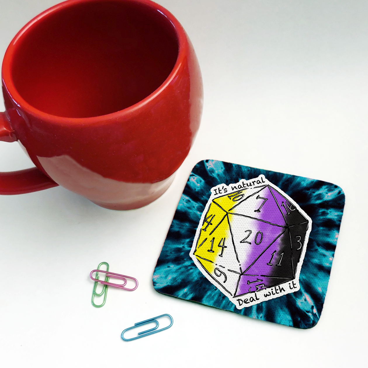 Nonbinary LGBTQ+ Nat 20 D20 Dice Square Coaster