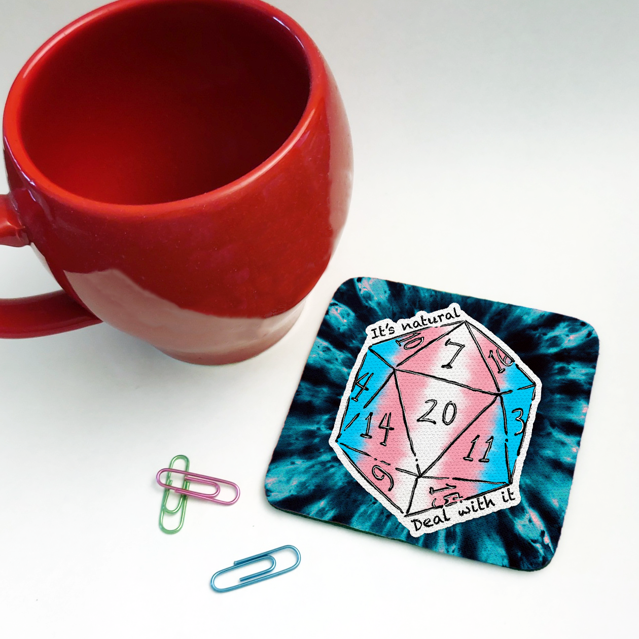 Transgender LGBTQ+ Nat 20 D20 Dice Square Coaster