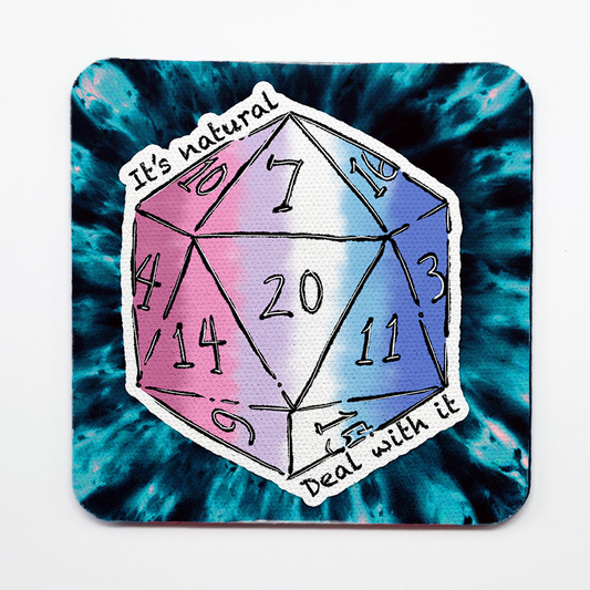 Bigender LGBTQ+ Nat 20 D20 Dice Square Coaster