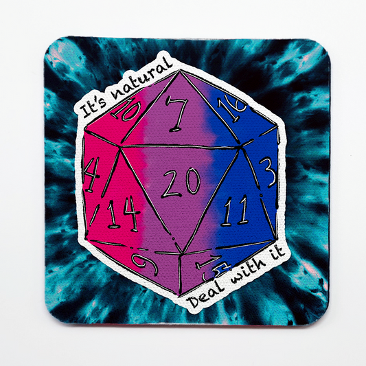 Bisexual LGBTQ+ Nat 20 D20 Dice Square Coaster