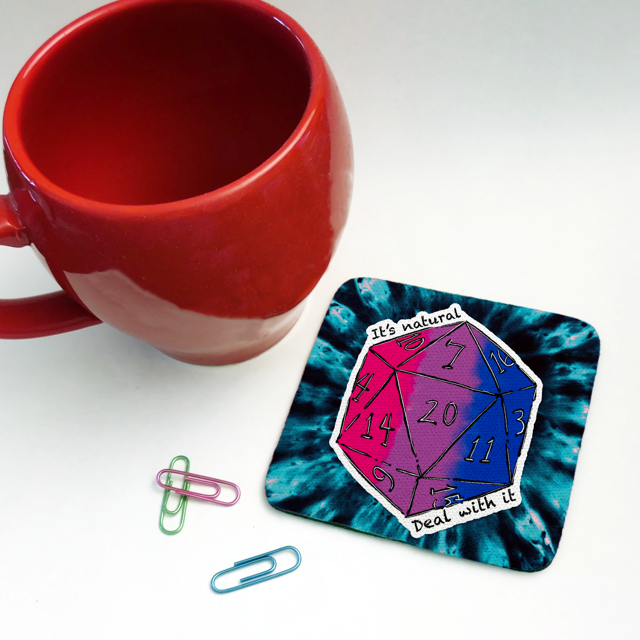 Bisexual LGBTQ+ Nat 20 D20 Dice Square Coaster