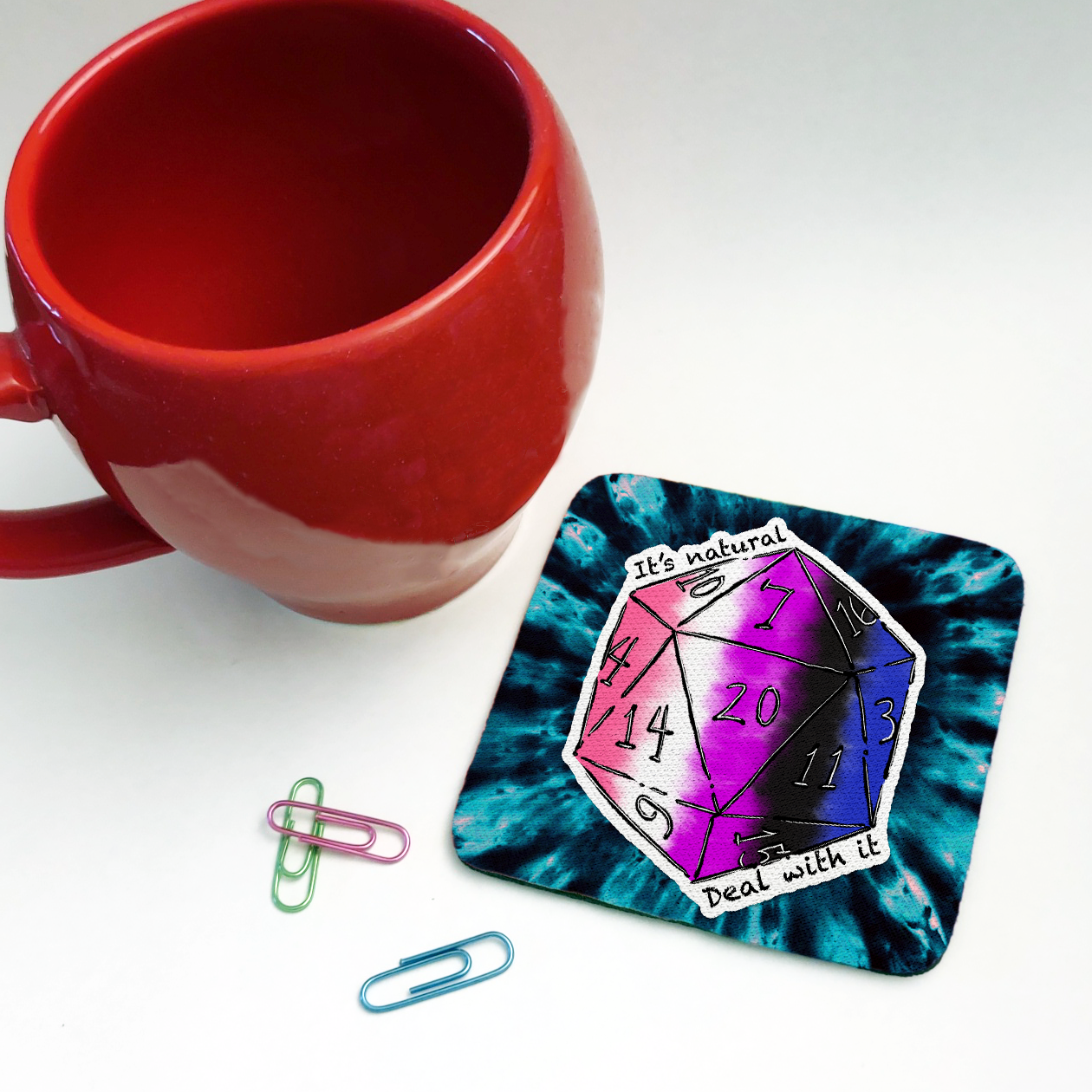 Genderfluid LGBTQ+ Nat 20 D20 Dice Square Coaster