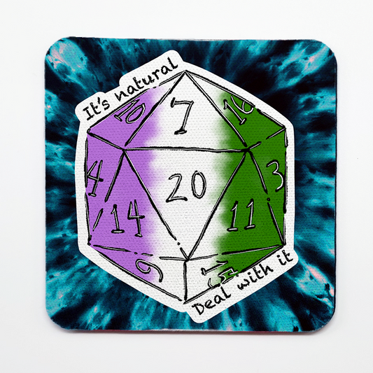 Genderqueer LGBTQ+ Nat 20 D20 Dice Square Coaster