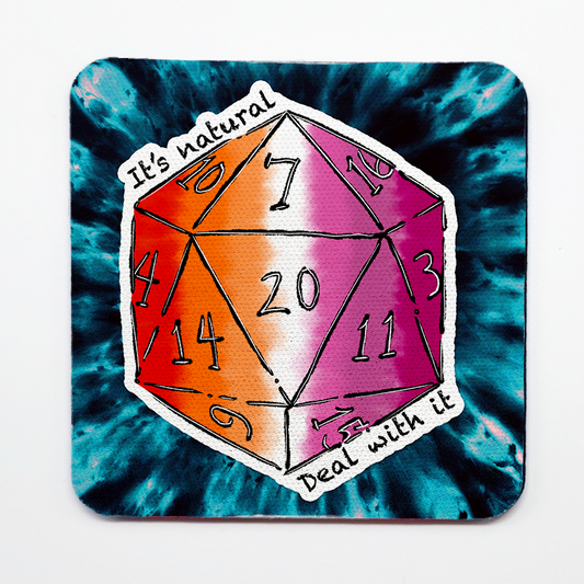 Lesbian LGBTQ+ Nat 20 D20 Dice Square Coaster