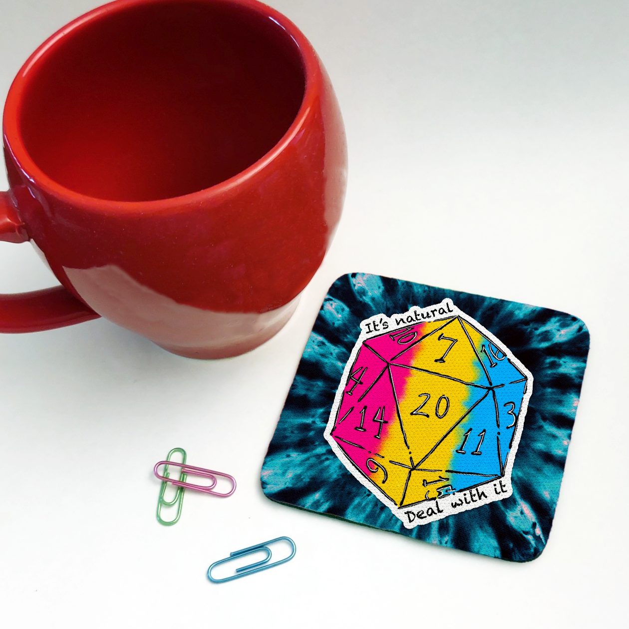 Pansexual LGBTQ+ Nat 20 D20 Dice Square Coaster