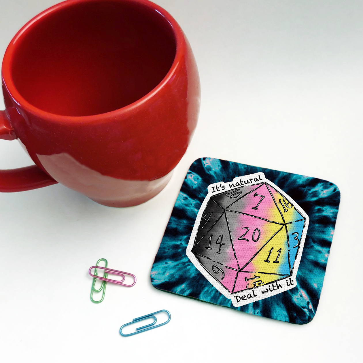 Polygender LGBTQ+ Nat 20 D20 Dice Square Coaster