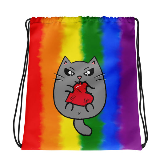 Rainbow Angry Cat Drawstring Bag